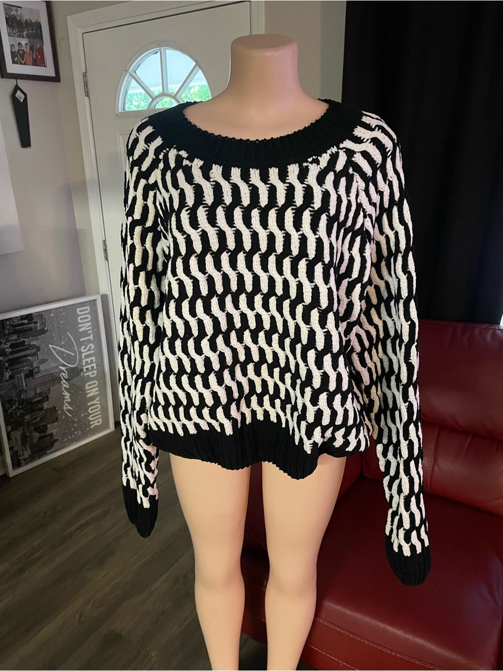 Black & White Textured Knit Sweater - Women's Crewneck Generations K grandma top